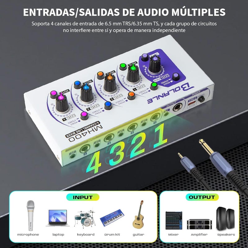 Bolanle Mini Audio Mixer,Stereo Line Mixer for Sub-Mixing,Ultra Low-Noise,4-Channel,Microphone Independent Control, 1/4" & 1/8" TRS Output and Input, for Guitars,Bass,Keyboards (MH400) - Image 4